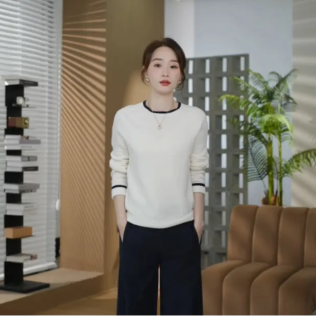 HELA AOMI “圆领全羊毛”绵羊毛100%撞色毛边长袖针织衫CY5CC33423