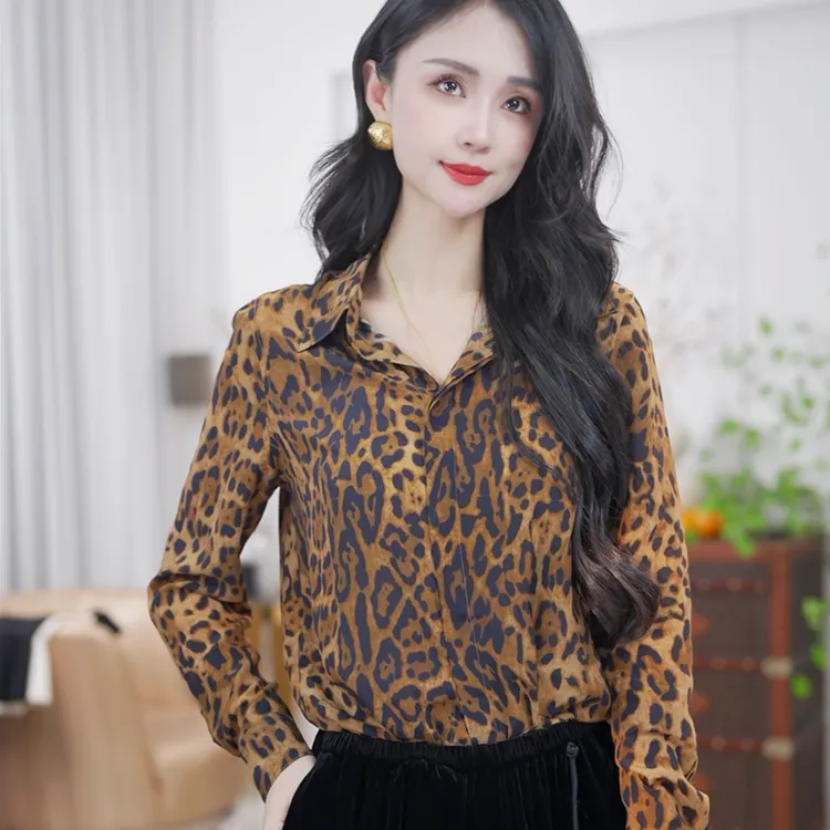  SARA.PENG豹纹天使/高级重磅真丝豹纹定制气质洋气长袖时尚衬衣