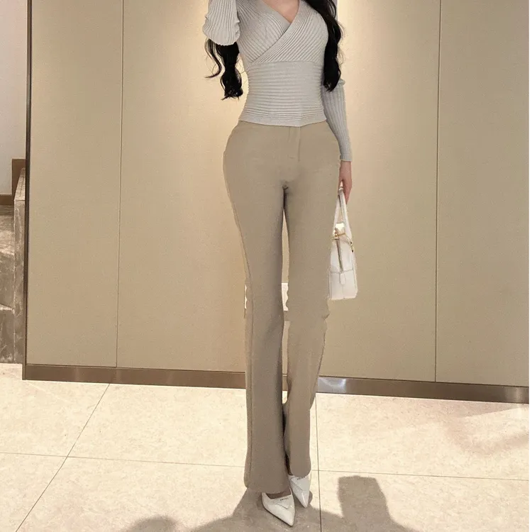 NOV晚妤韩雨嘉加绒喇叭裤高腰休闲微喇西装裤修身显瘦弹力长裤