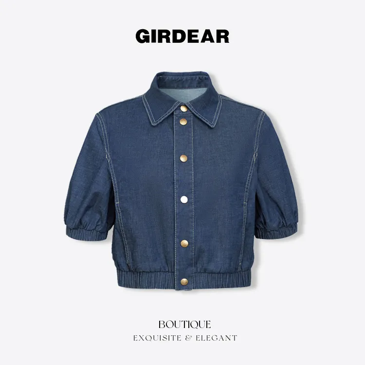 哥弟女装新款短袖百搭休闲蓝色Polo领短款牛仔小个子短袖1300847