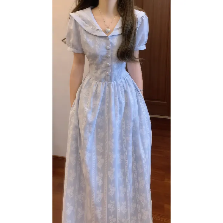 【山花溪蓝】夏季法式温柔甜美娃娃脸连衣裙收腰气质长裙9641