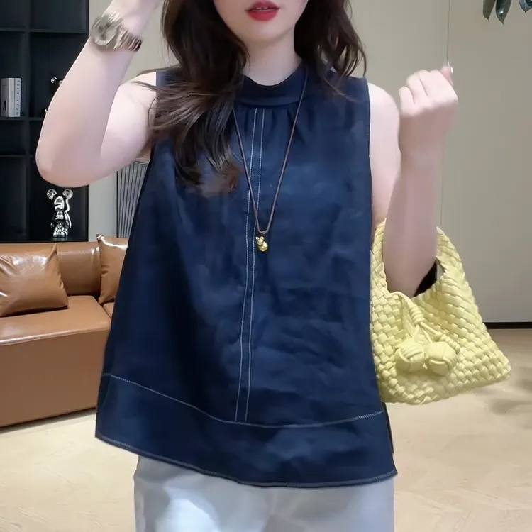 2025夏季气质款韩系翻领无袖T气质宽松纯色小衫百搭上衣LK2503968