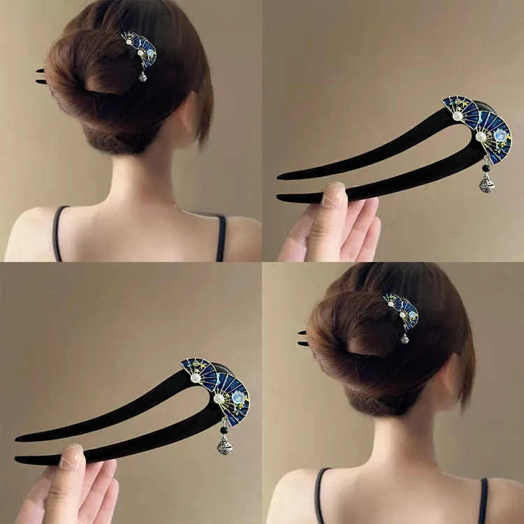 新中式扇子仿黑檀木u形发簪女气质复古后脑勺挽发发钗超仙百搭饰