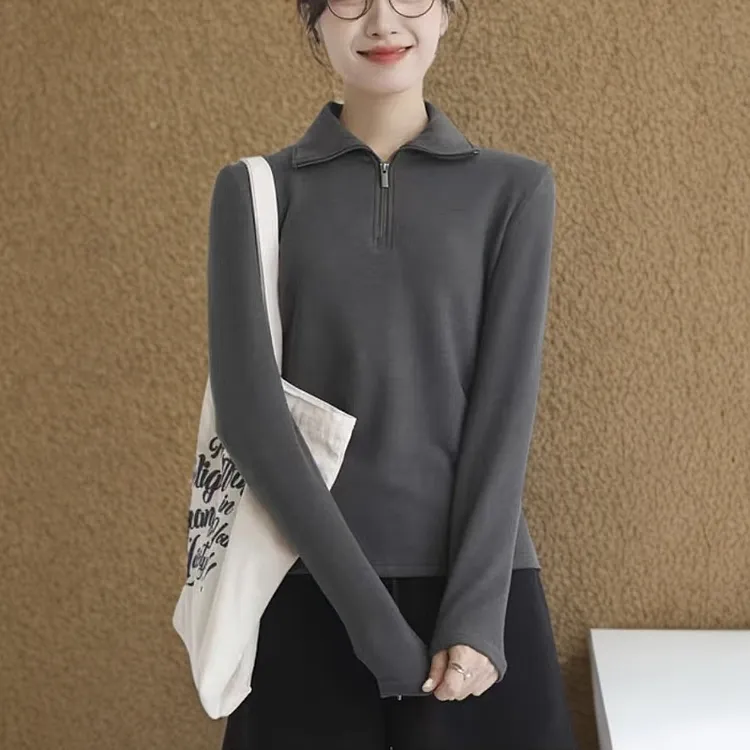 半拉链方领灰色打底衫ol双面德绒半拉链套头秋季新款长袖183舒适