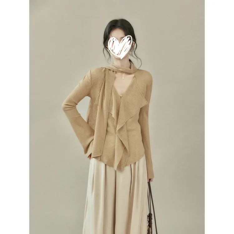 小众独特设计感飘带不规则V领长袖打底衫女2025秋季简约百搭上衣