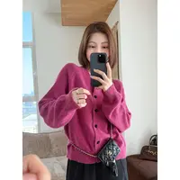 【唐悠悠mgdm】骆驼绒羊毛黑扣花纱开衫女装秋冬圆领宽松针织毛衣