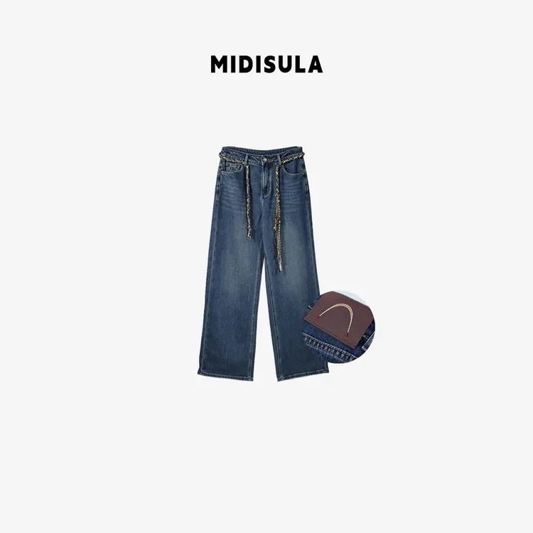 MDSL·新款时尚洋气欧货简约百搭后咖标笑脸直筒牛仔裤#01733