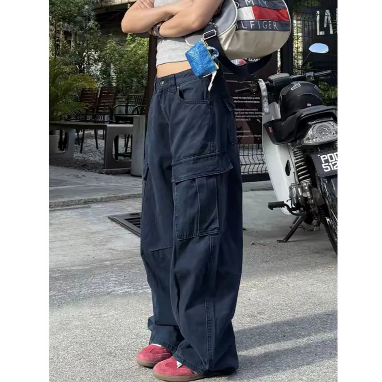 美式复古高街多口袋直筒工装裤夏季褶皱直筒宽松阔腿裤休闲裤女