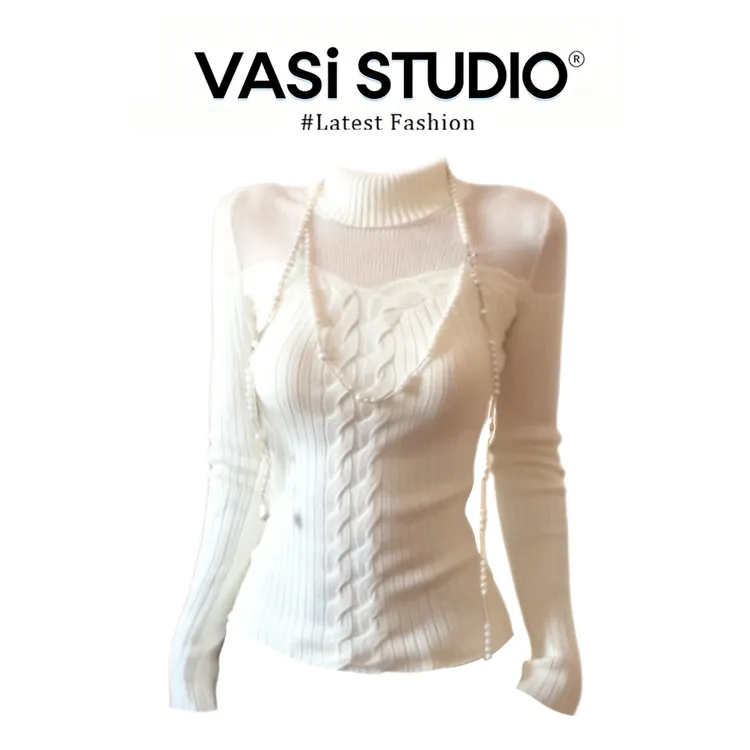 VASI大码纯欲风镂空假两件麻花针织衫女装秋冬设计感修身显瘦上衣