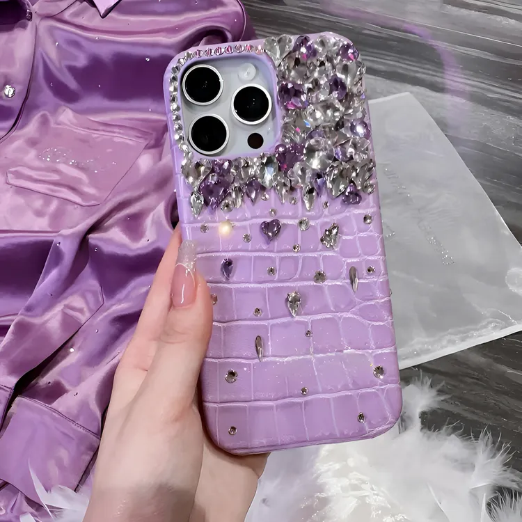高奢紫白水钻适用于苹果iPhone16promax手机壳15鳄鱼纹14高级感13