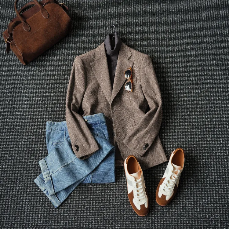 CssuGent那不勒斯皇后高定50%羊毛细格复古西服男平驳领西装外套