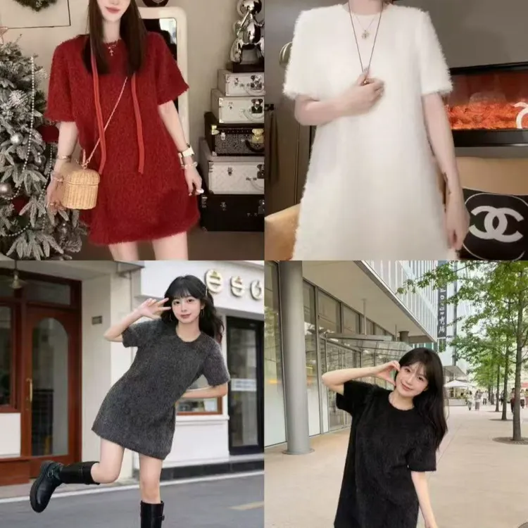 韩范名媛气质百搭圆领毛毛宽松显瘦连衣裙