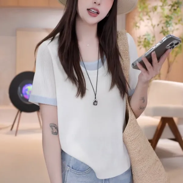 夏季新款2025假两件短袖针织衫小个子简约风时尚百搭宽松显瘦T恤