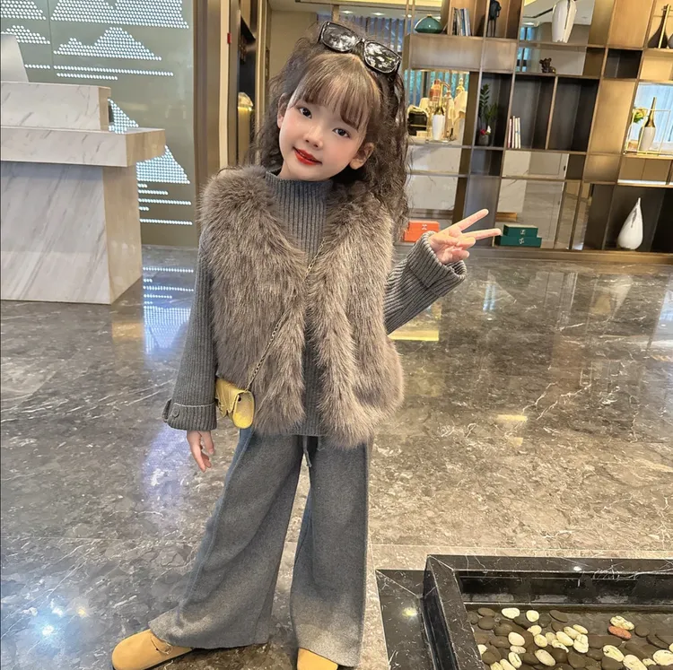儿童女童套装2026秋冬新款小女孩毛毛马甲洋气毛绒