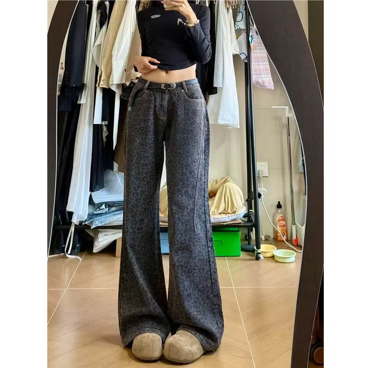175高个子加长复古豹纹高腰阔腿牛仔裤女窄版显瘦直筒170拖地裤子