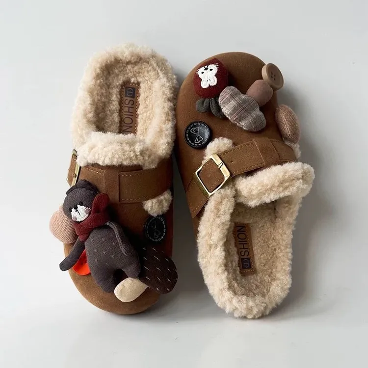 可爱小熊勃肯鞋女冬外穿2025新款一脚蹬加绒棉拖鞋厚底包头毛毛鞋