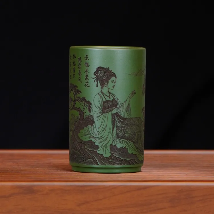 宜兴全手工原矿茶具正宗苹果绿泥手刻杨贵妃山水精致高颜值紫砂杯
