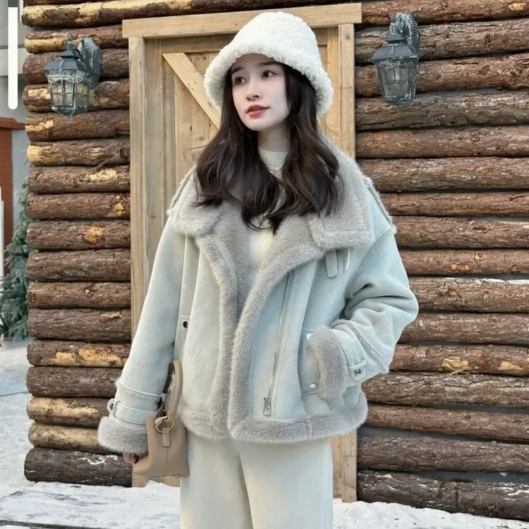 加绒加厚皮毛一体外套女秋冬季新款韩版宽松百搭机车夹克上衣