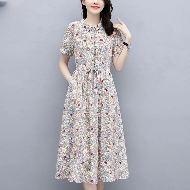 棉麻连衣裙女夏季2024新款收腰高级感休闲气质小翻领纯棉碎花裙子