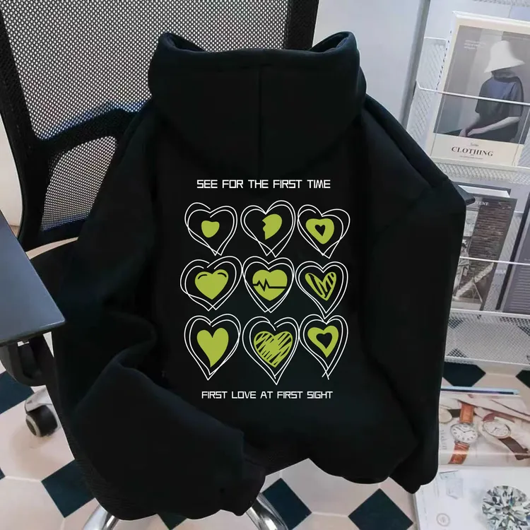 重磅加绒加厚连帽卫衣男女同款日系绿色爱心新款潮牌宽松长袖外套