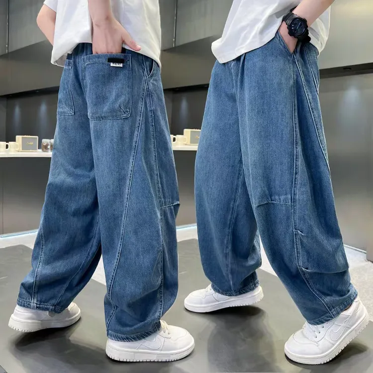 男大童春装弯刀阔腿休闲牛仔裤2025新款儿童男孩春季酷帅宽松裤子