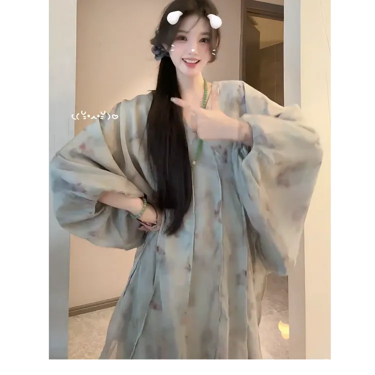 富鱼软 巨好看的秋装薄纱连衣裙女宴会新中式禅意风长裙子汉元素