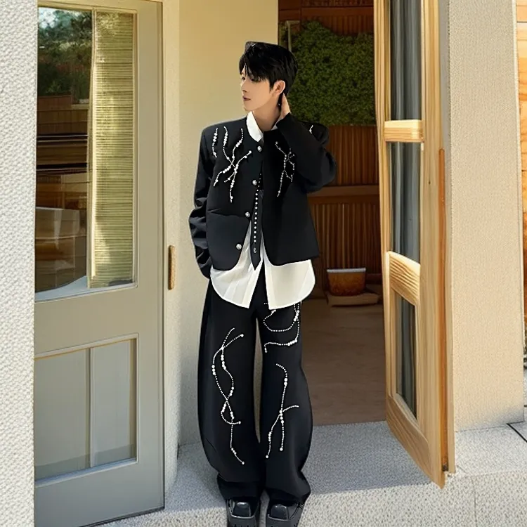 男模演出服小香风套装男士小众钉珠高级感阔腿湾刀裤宽松垫肩夹克