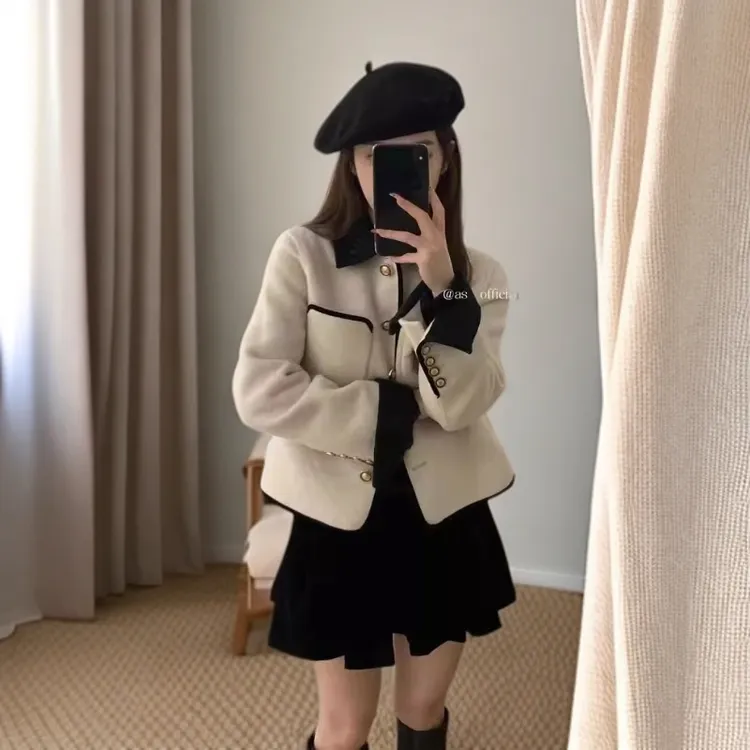 法式短款不褪色翻领秋冬毛呢外套网红气质宽松小女士网红款外套