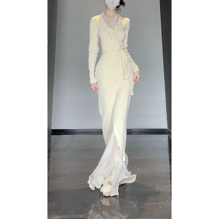 法式温柔优雅气质蕾丝花边针织连衣裙收腰气质长裙9855