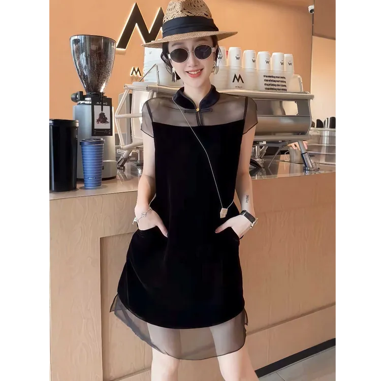 轻奢复古黑色网纱拼接短袖连身裙女2025新款绝美新中式连衣裙夏女