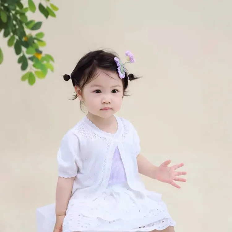 镂空甜美圆领薄款短袖女童蕾丝外搭洋气开衫薄款女童针织开衫