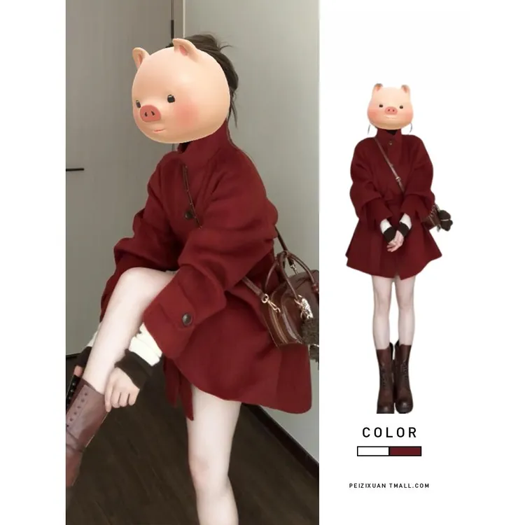 韩系高级感红色毛呢外套女秋冬季2025新款加厚小个子短款呢子大衣