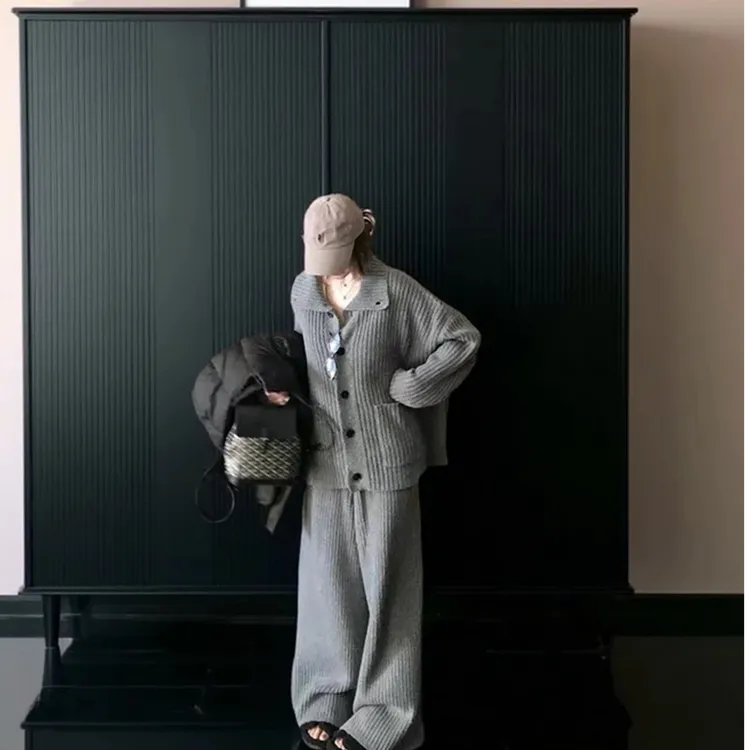 老钱风韩系高领纽扣毛衣外套加厚开衫休闲阔腿长裤女