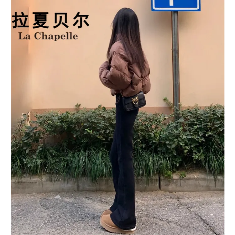 拉夏贝尔黑色加绒喇叭裤子女秋冬新款时尚洋气百搭修身微喇牛仔裤