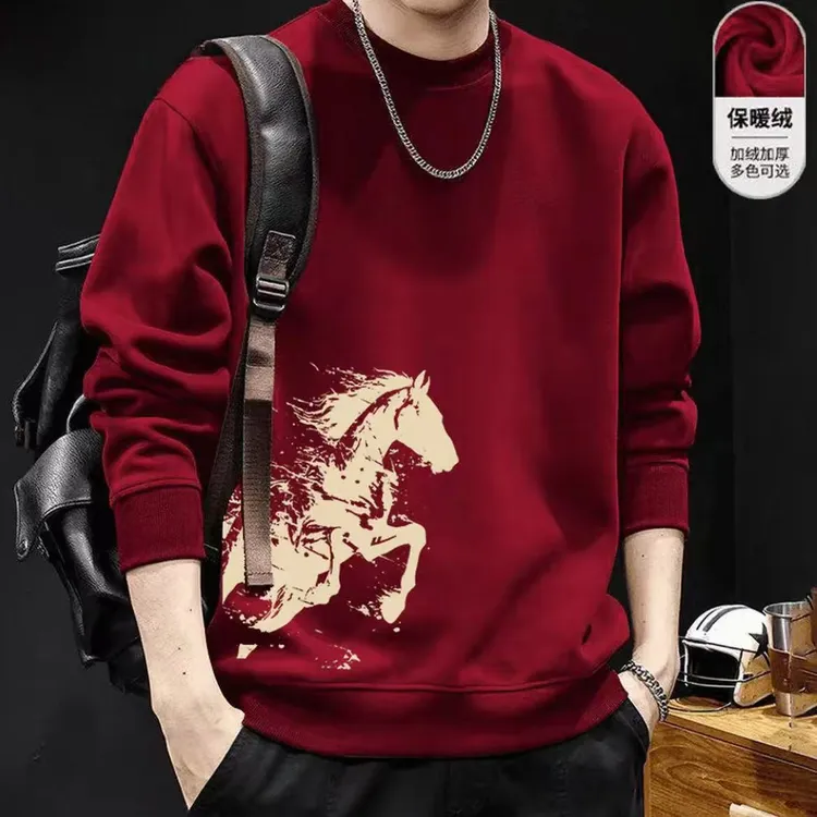 策马奔腾酒红色卫衣男款秋冬2026马年本命年情侣外套加绒上衣