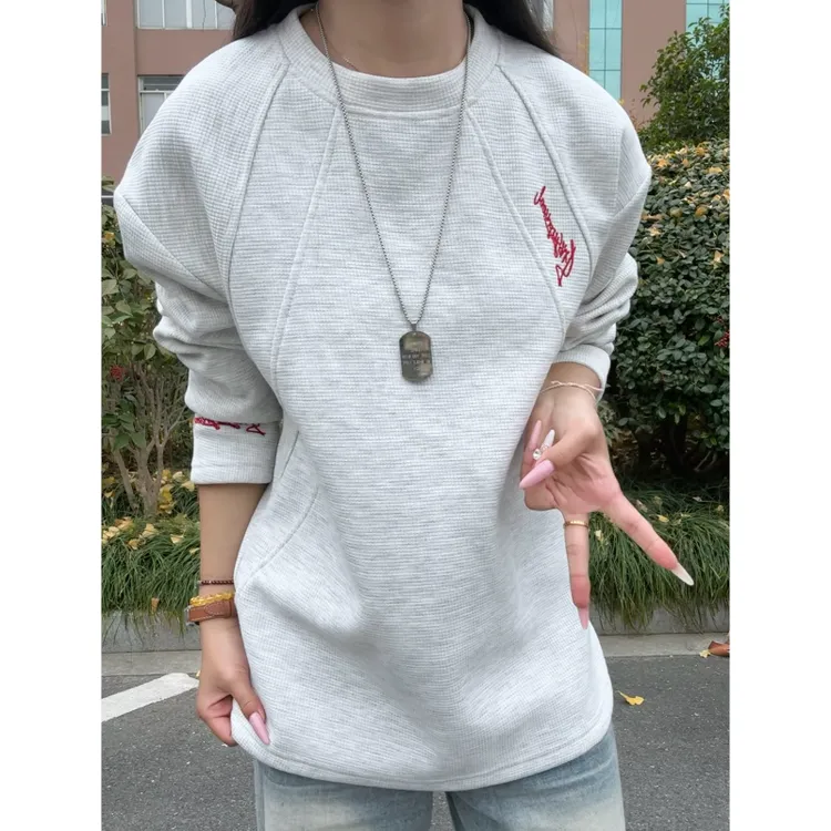 美式刺绣圆领卫衣男款秋冬季加绒加厚打底衫宽松休闲潮牌长袖上衣