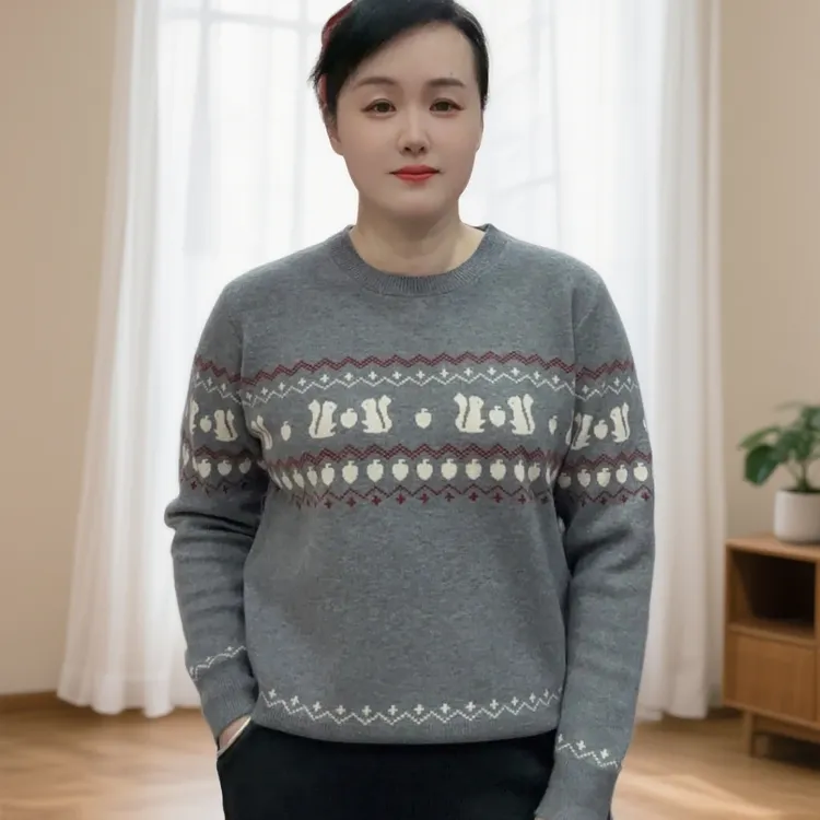 1150#秋冬时尚小松鼠图案圆领针织毛衣