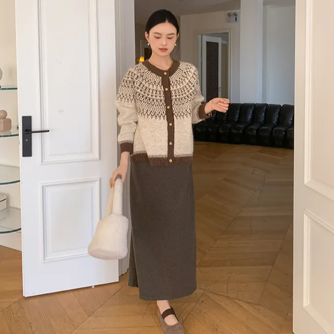 ZMA孕妇装【费尔岛开叉半身裙套】秋冬季新款直筒气质女冬显瘦复古
