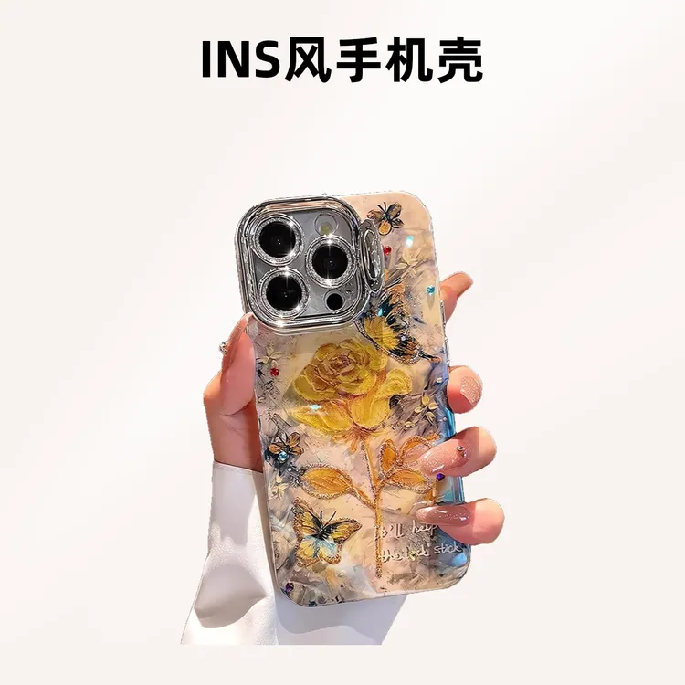 ins风油画蝴蝶玫瑰适用苹果16pro手机壳网红女款奢华镜头全包高端