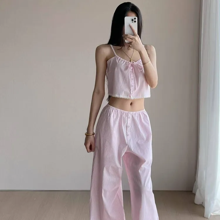 【消烦局长】遛弯系列·休闲条纹阔腿遛弯裤长裤女背心吊带上衣套装