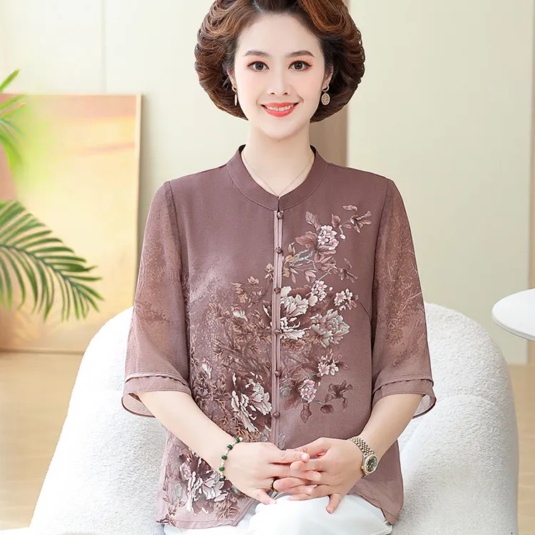 中老年加肥加大码真丝衬衫女新中式夏装套装胖妈妈大码桑蚕丝上衣
