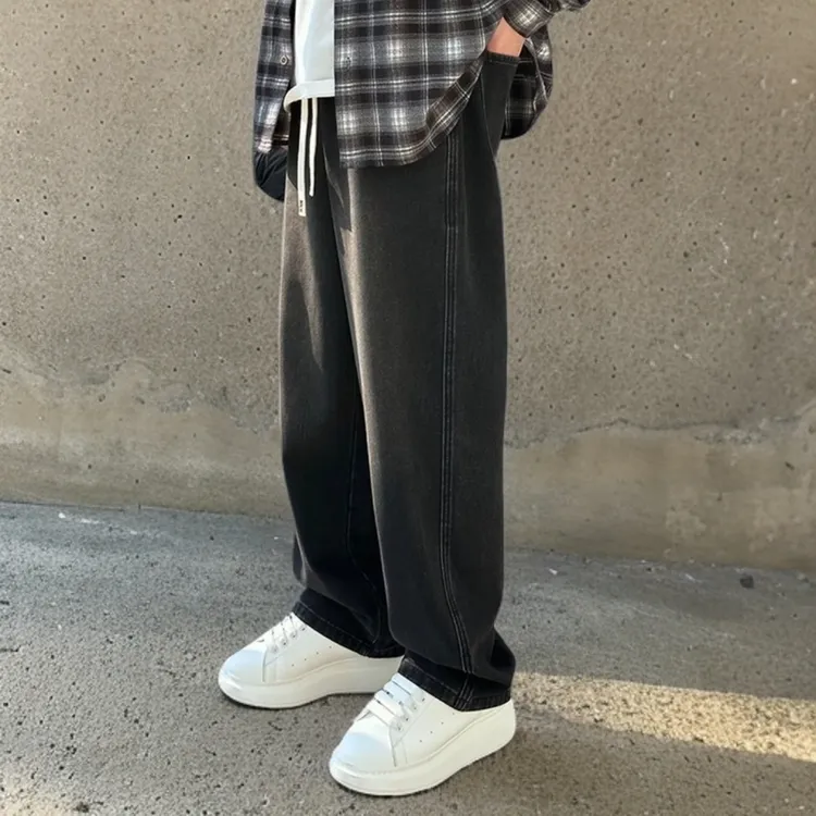 ins松紧腰秋冬加绒厚款软男士牛仔裤百搭垂感休闲宽松水洗直筒裤