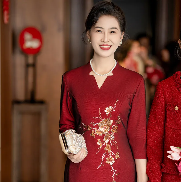 【千春词】喜婆婆结婚宴礼服新中式秋季妈妈红色长袖旗袍