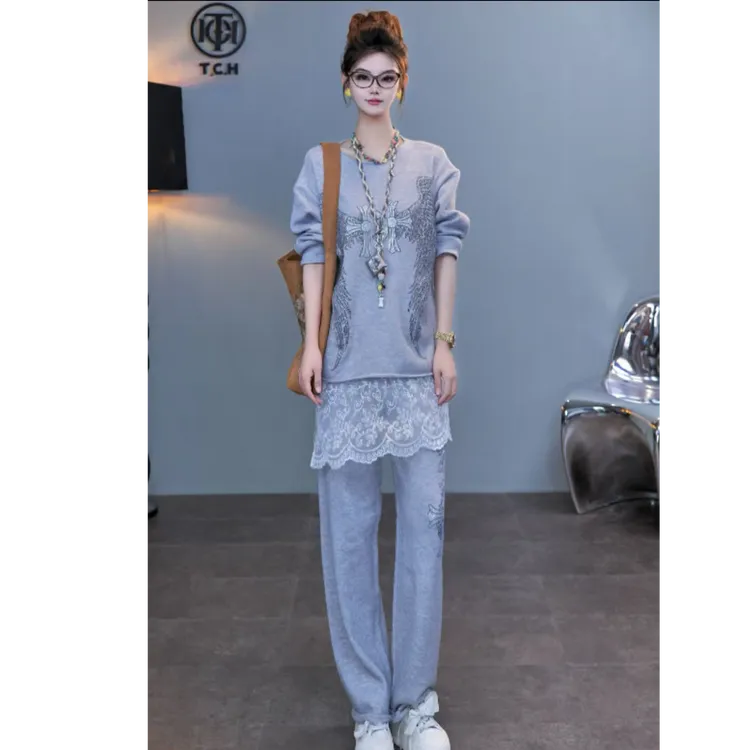 TCH私服秋款慵懒风烫钻时尚淑女灰色套装女T75C07E1070轻奢tch