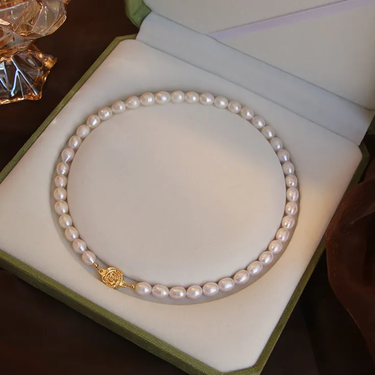 【玫瑰花磁吸扣】8mm天然淡水无核珍珠项链女气质复古妈妈链锁骨链