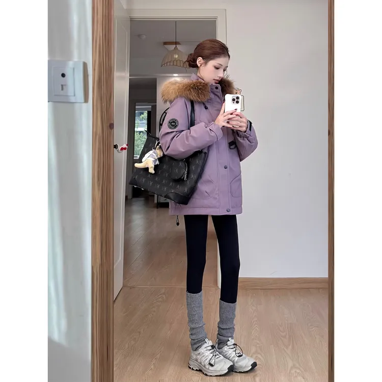 临典紫色工装派克服女2025冬季新款加厚保暖小个子羽绒棉服外套