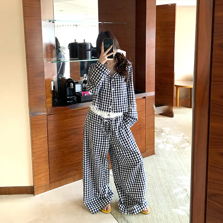 藏青色格子长袖睡衣女家居服套装早秋季新款长裤可外穿设计感上衣