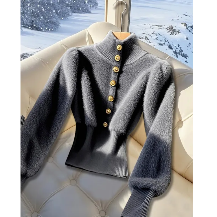 2024年冬季慵懒风重工高领单排扣毛衣针织衫高级感复古修身针织衫