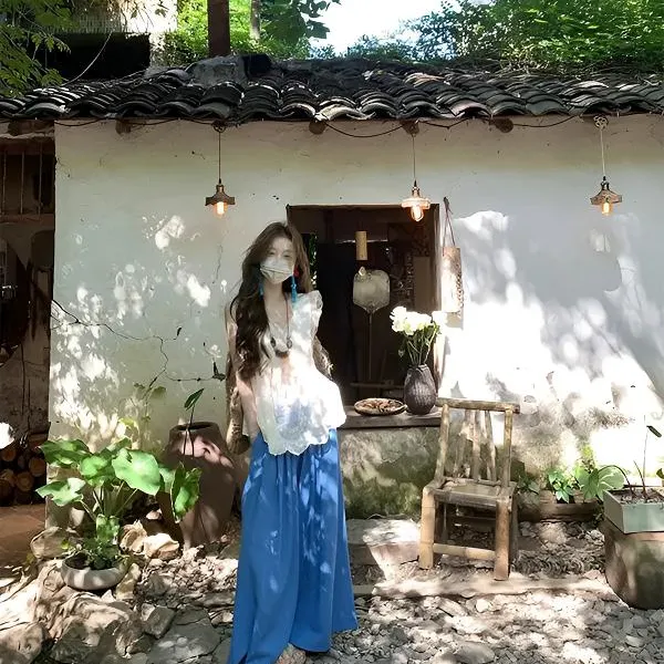 田园个性穿搭V领蕾丝边小飞袖微透显瘦百搭小众慵懒松弛感套装