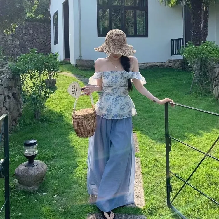甜美减龄碎花小飞袖衬衫女夏季2025抽绳系带宽松阔腿休闲裤两件套